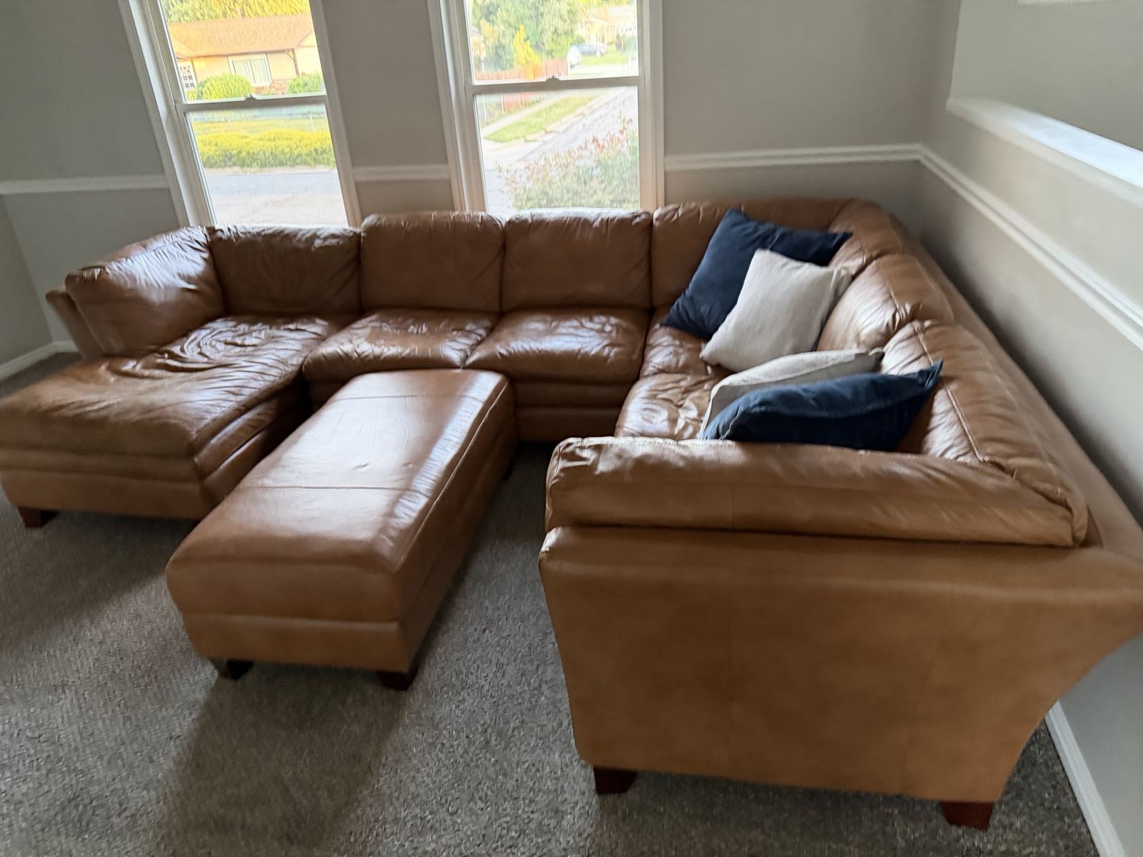 Brown Leather Sectional Sofa with Chaise and Matching Ottoman