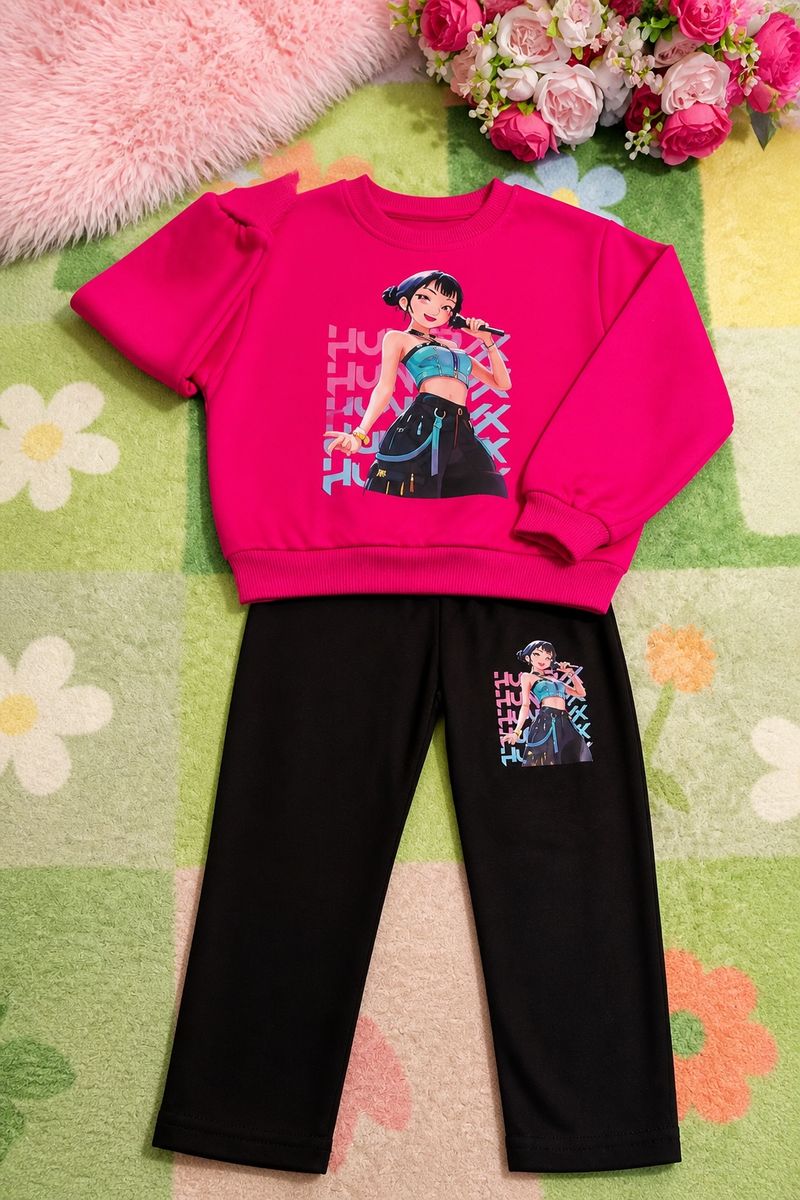 Girls Anime Graphic Sweatshirt & Pants 2-Piece Tracksuit Set Size 4-5 Years Pink/Black