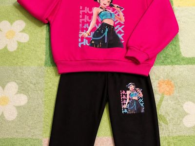Girls Anime Graphic Sweatshirt & Pants 2-Piece Tracksuit Set Size 4-5 Years Pink/Black