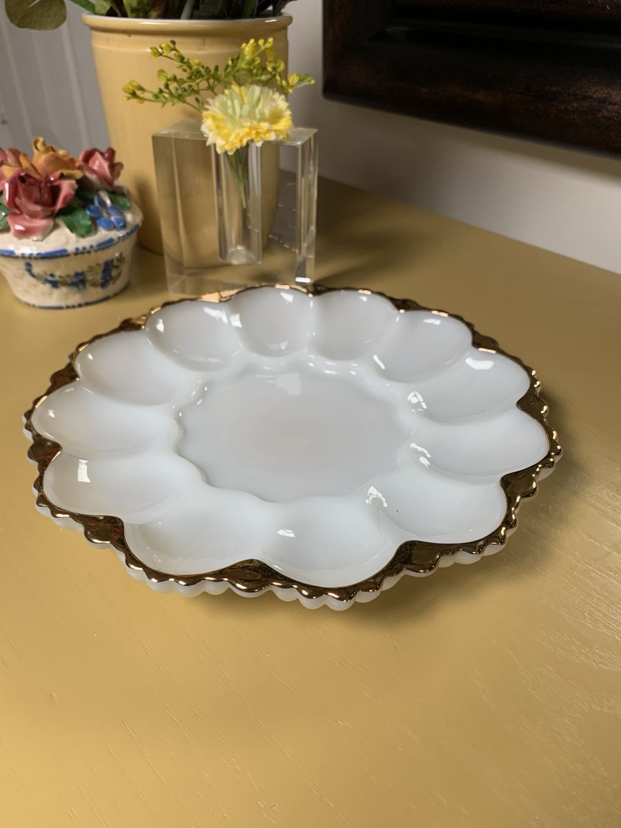 Vintage Gold Trim Milk Glass Egg Plate