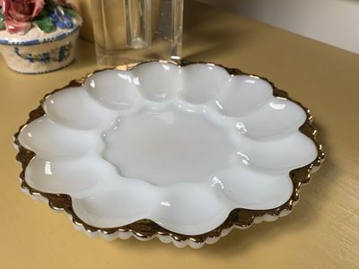Vintage Gold Trim Milk Glass Egg Plate