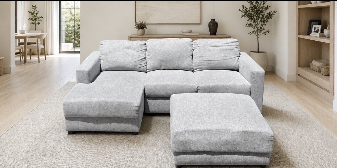 GREAT CONDITION! NEED GONE! Light Gray Fabric Sectional Sofa with Reversible Chaise and Ottoman