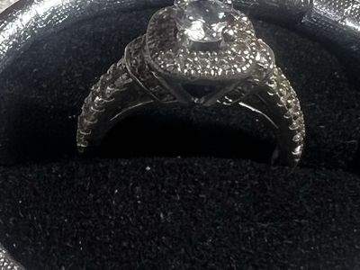 Sterling Silver Engagement Ring with Halo Cubic Zirconia & Blue Accent Stone, Size 6