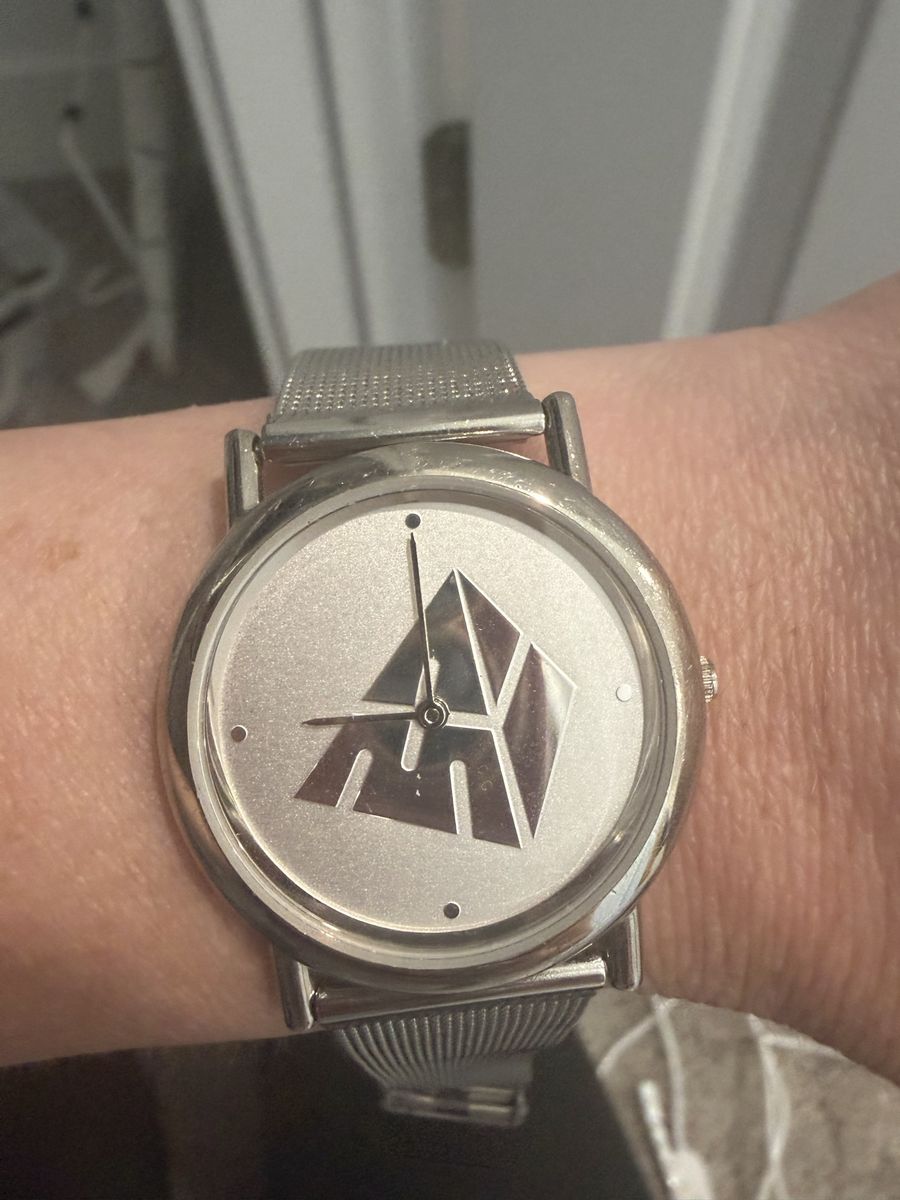 Unique Silver-Tone Watch with Geometric Face, Mesh Band
