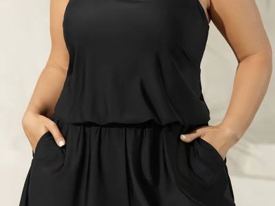 New Bloom Chic Black Plus Size Swim Dress Romper with Pockets - Size 14-16