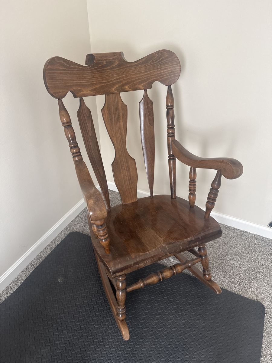 Vintage Wooden Rocking Chair - Dark Brown Finish, Classic Spindle Design