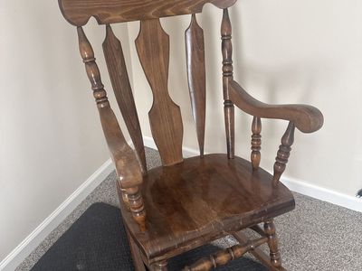 Vintage Wooden Rocking Chair - Dark Brown Finish, Classic Spindle Design
