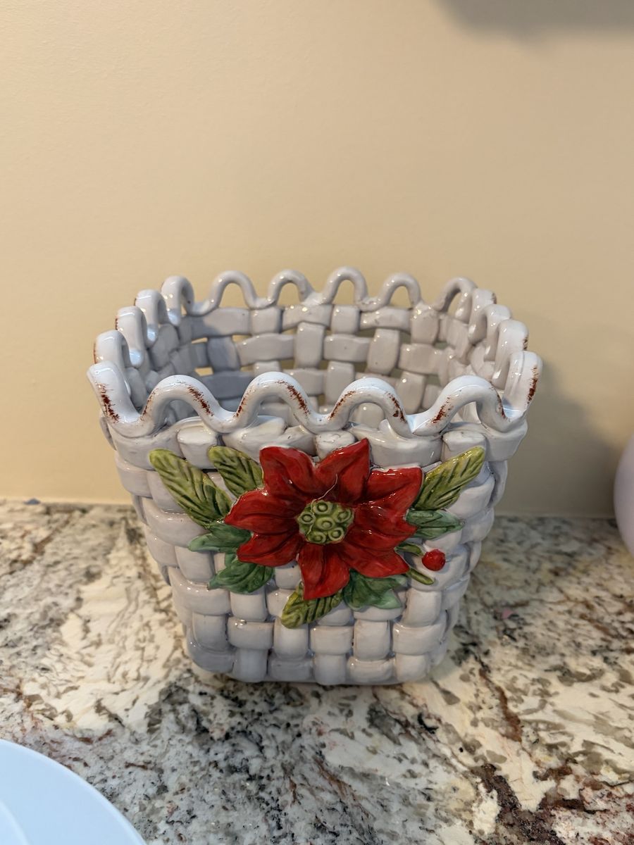 Ceramic Woven Basket Planter with Poinsettia Holiday Decor