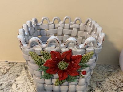 Ceramic Woven Basket Planter with Poinsettia Holiday Decor