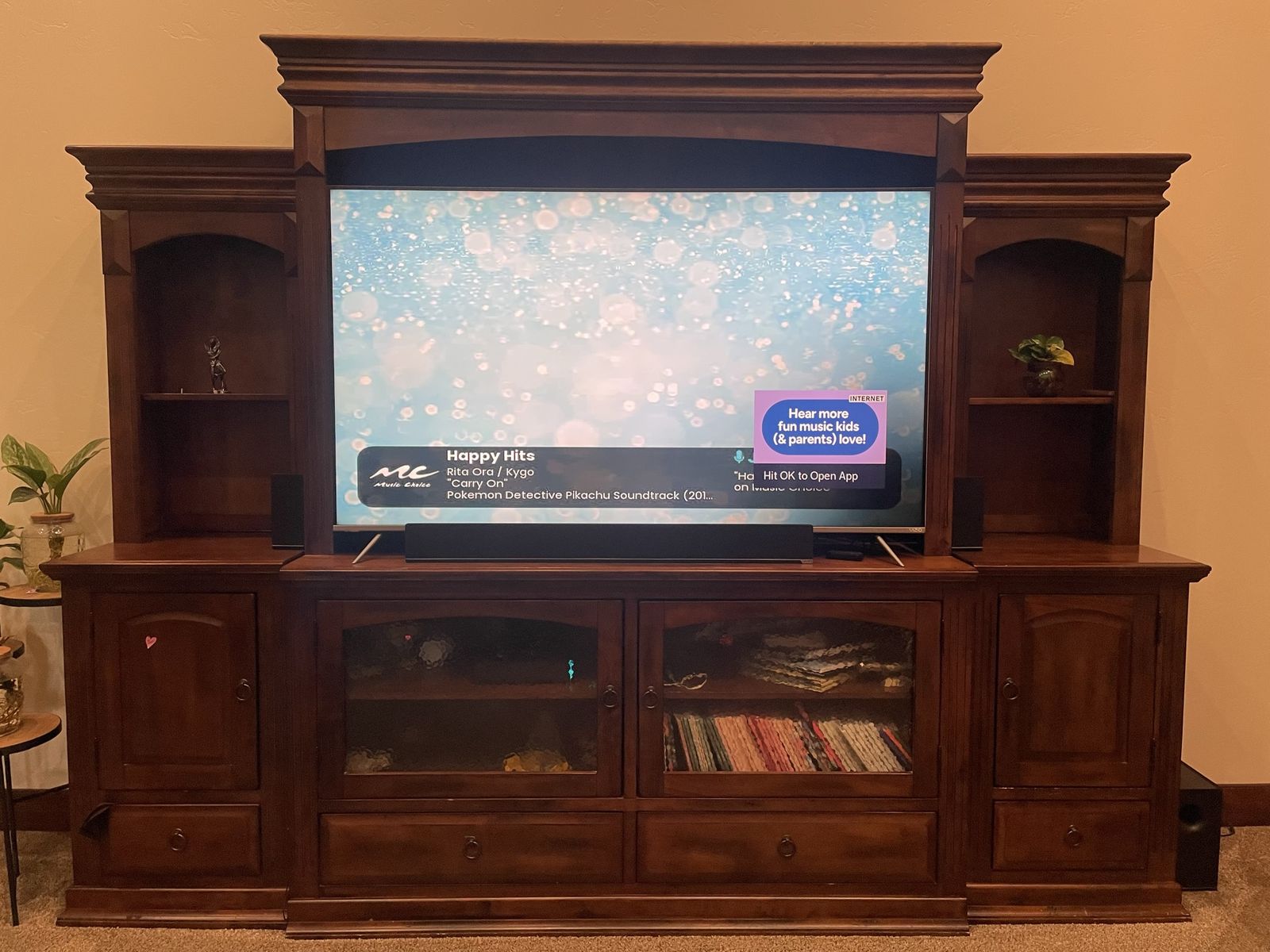 Large Wooden Entertainment Center Wall Unit with Storage & Glass Doors