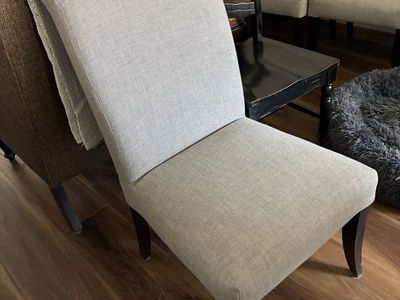 6 x Upholstered Dining Chair with Light Fabric and Dark Wood Legs