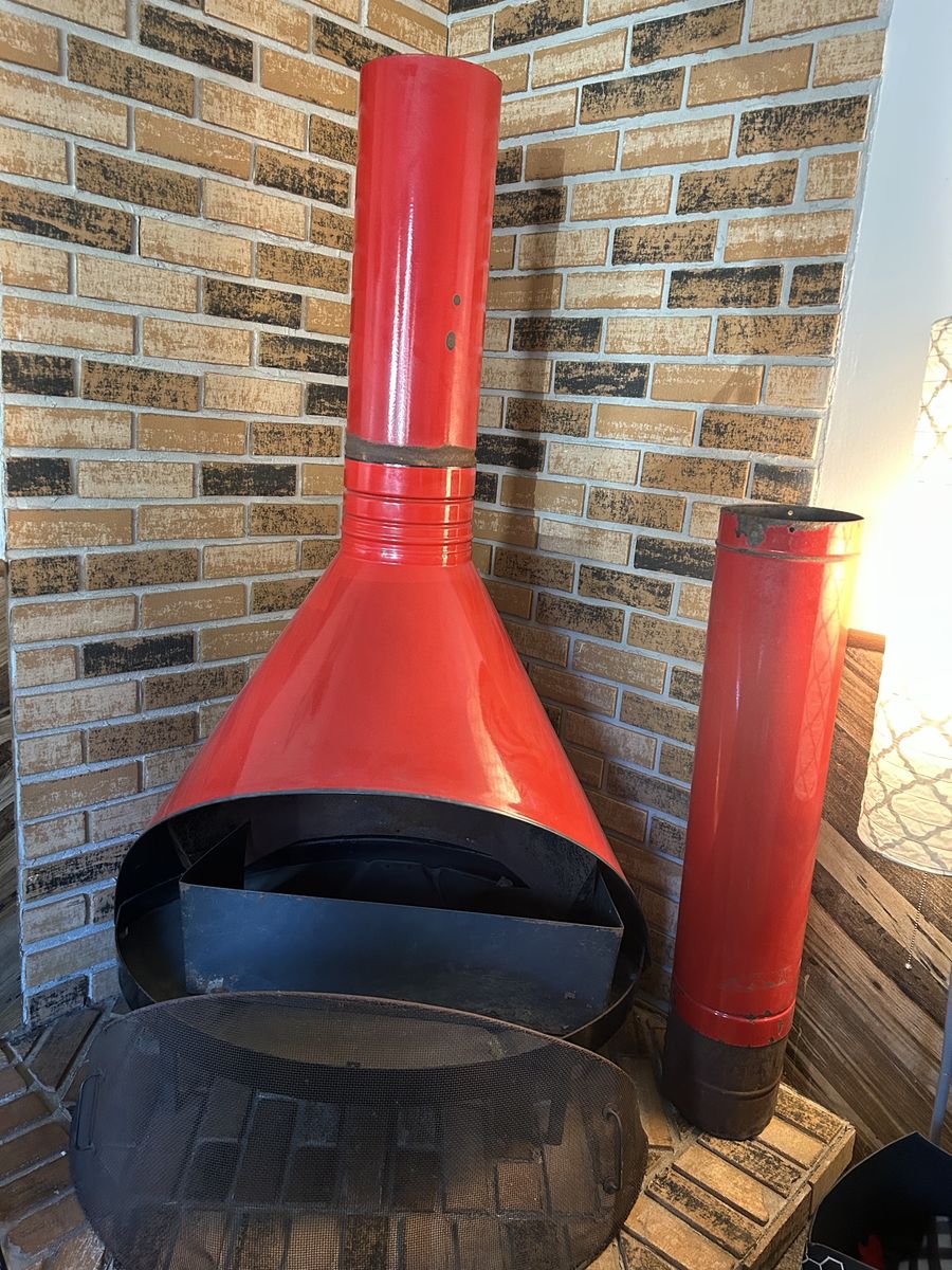 Vintage Red Cone Fireplace with Chimney and Screen