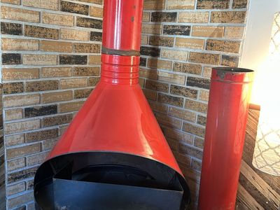 Vintage Red Cone Fireplace with Chimney and Screen