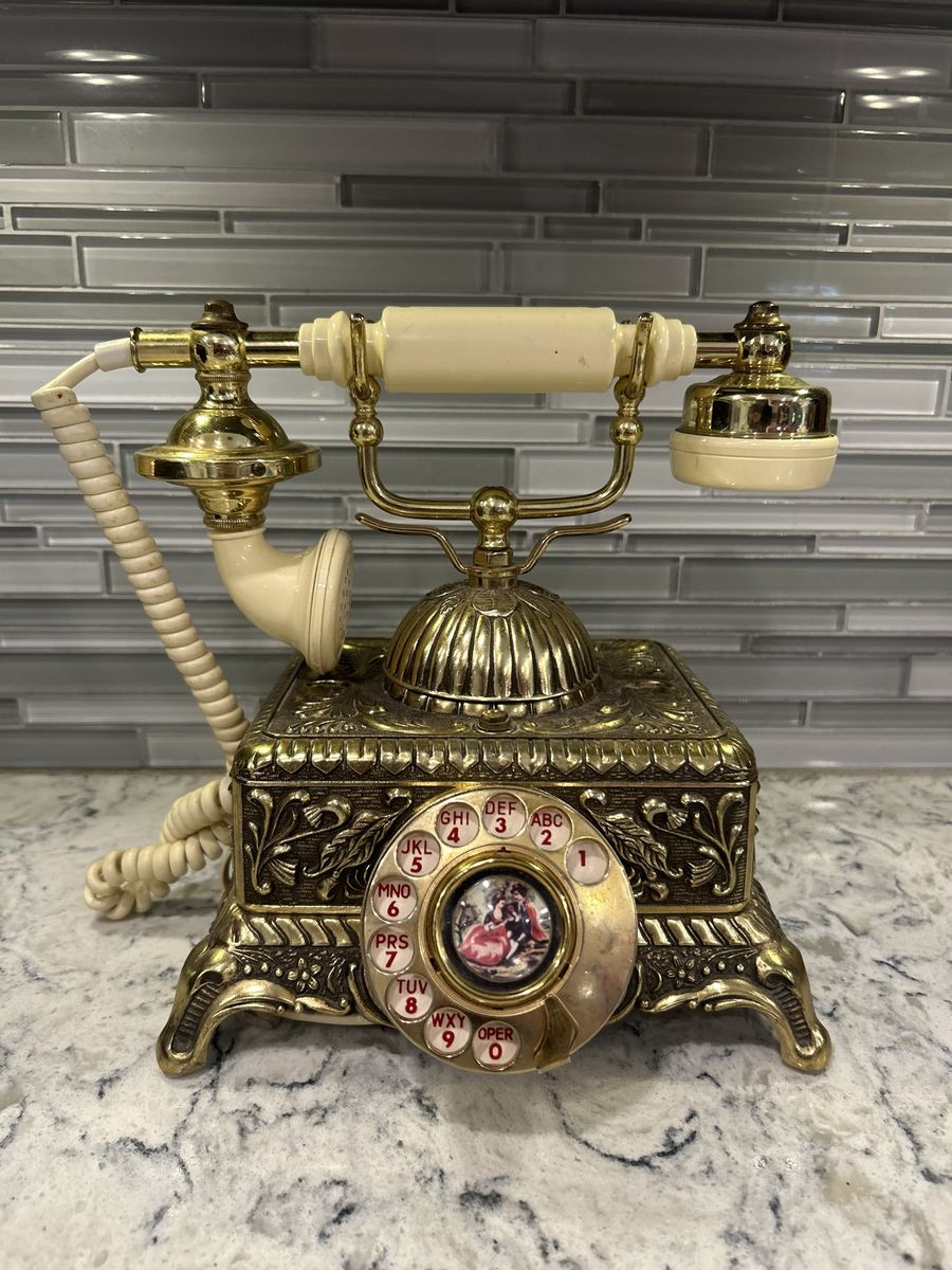 Vintage French Brass Rotary Phone Antique Style Landline Telephone with Figurine Detail
