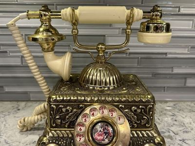 Vintage French Brass Rotary Phone Antique Style Landline Telephone with Figurine Detail
