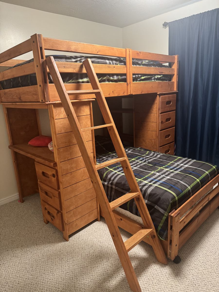 Twin Over Twin Loft Bed Set with Built-In Desk & Storage