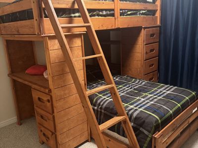 Twin Over Twin Loft Bed Set with Built-In Desk & Storage