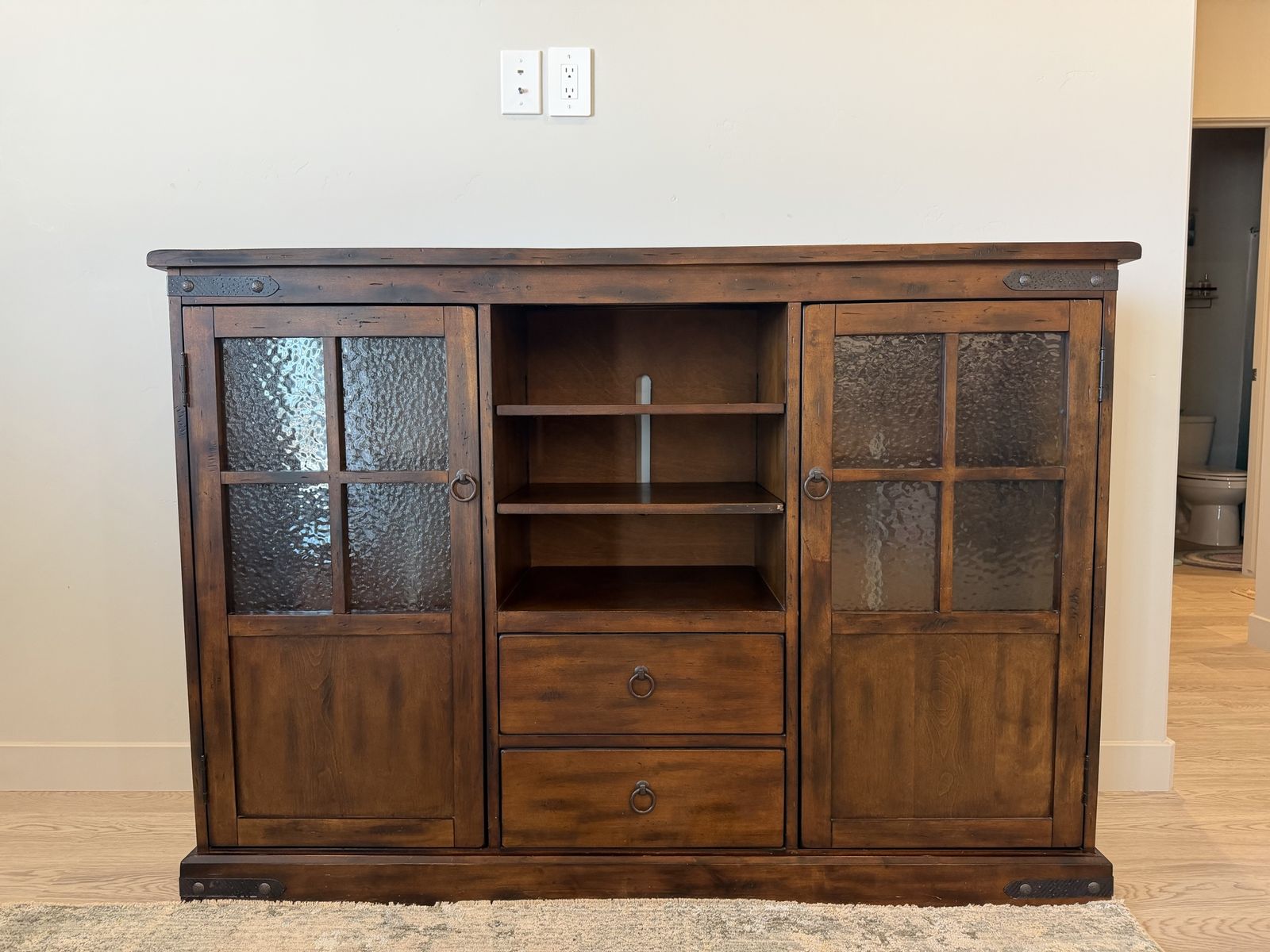 Rustic Wooden TV Stand Console Cabinet with Glass Doors and Drawers
