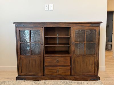Rustic Wooden TV Stand Console Cabinet with Glass Doors and Drawers