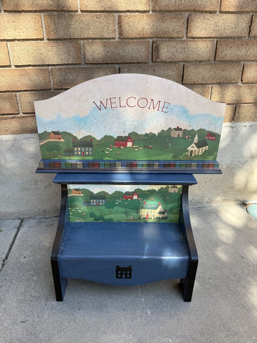 Hand-Painted Wood Welcome sign / Shelf - Country Village Scene, Dual Function Decor on a little kid bench / storage cabinet