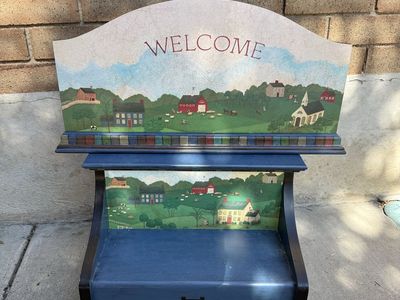 Hand-Painted Wood Welcome sign / Shelf - Country Village Scene, Dual Function Decor on a little kid bench / storage cabinet