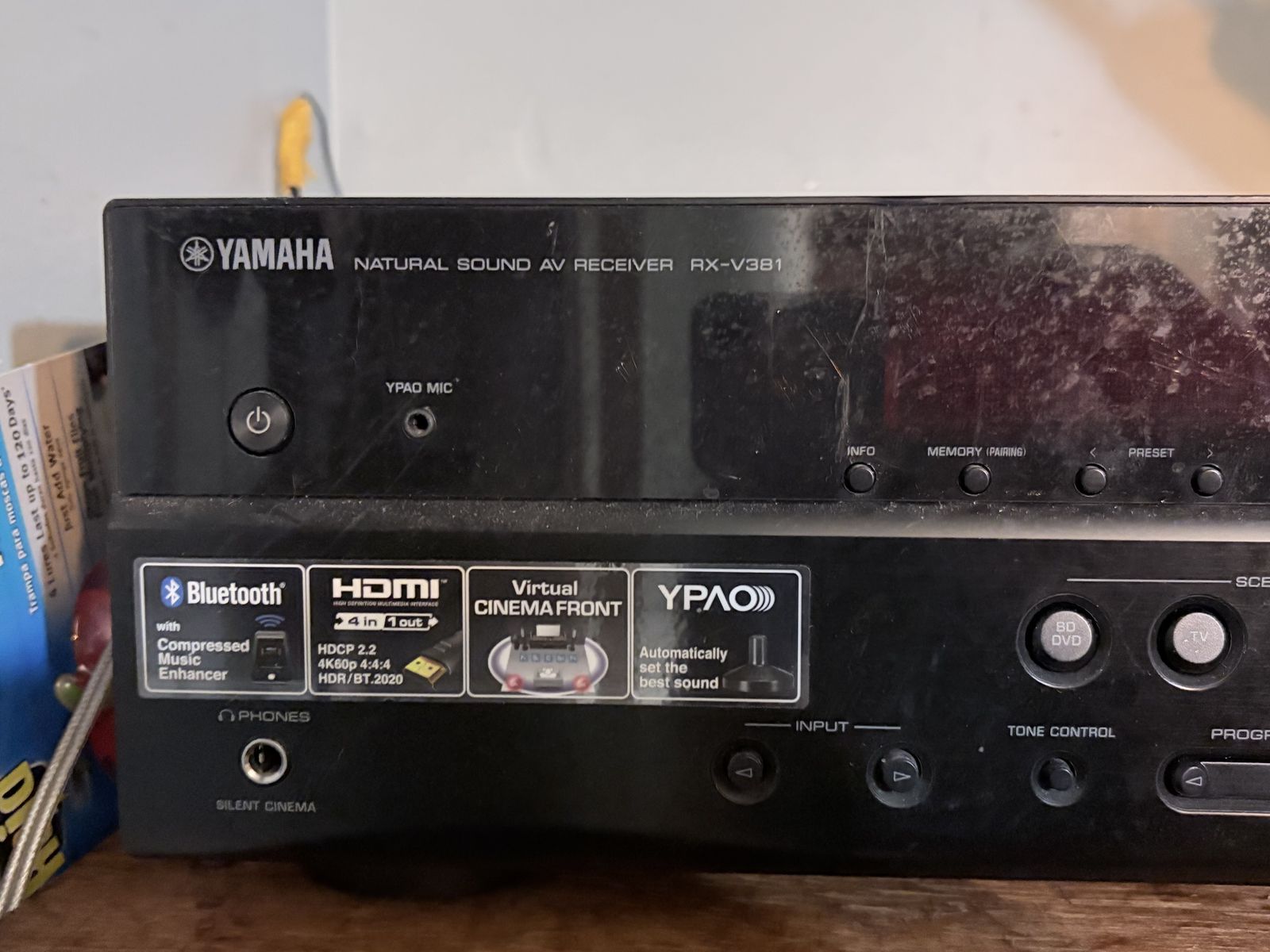 Yamaha Natural Sound AV Receiver RX-V381 - Bluetooth, HDMI, 4K/60p, YPAO
