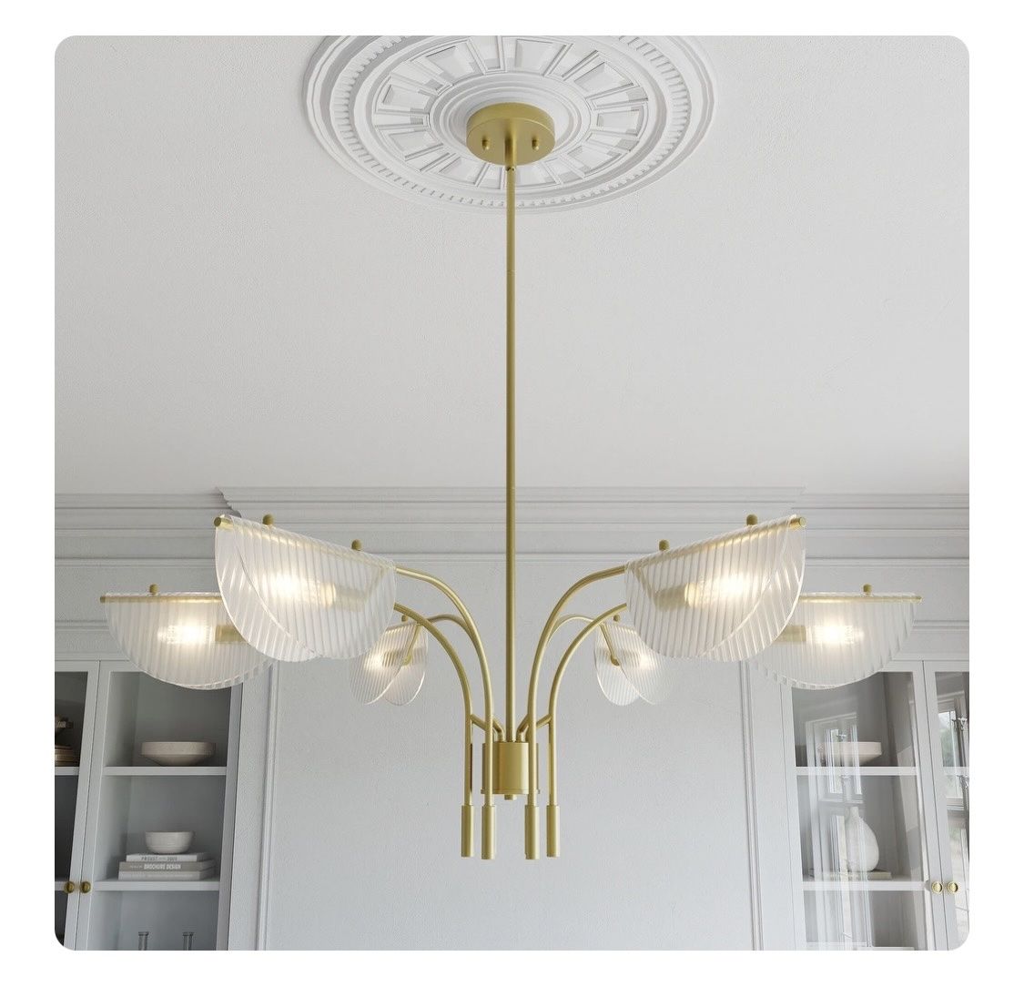 Modern Gold Chandelier with Ribbed Glass Shades - 41 Inch Adjustable