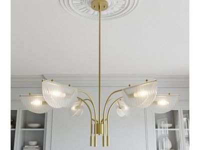 Modern Gold Chandelier with Ribbed Glass Shades - 41 Inch Adjustable
