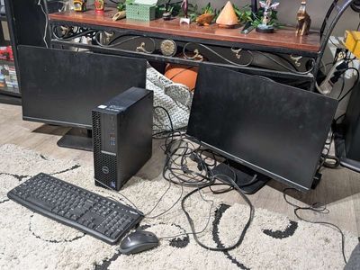 Dell OptiPlex Desktop Computer Setup with Dual ViewSonic Monitors, Keyboard, and Mouse