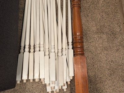 White Stair Spindles and Wood Newel Post - 21 Painted Spindles & 1 Large Post