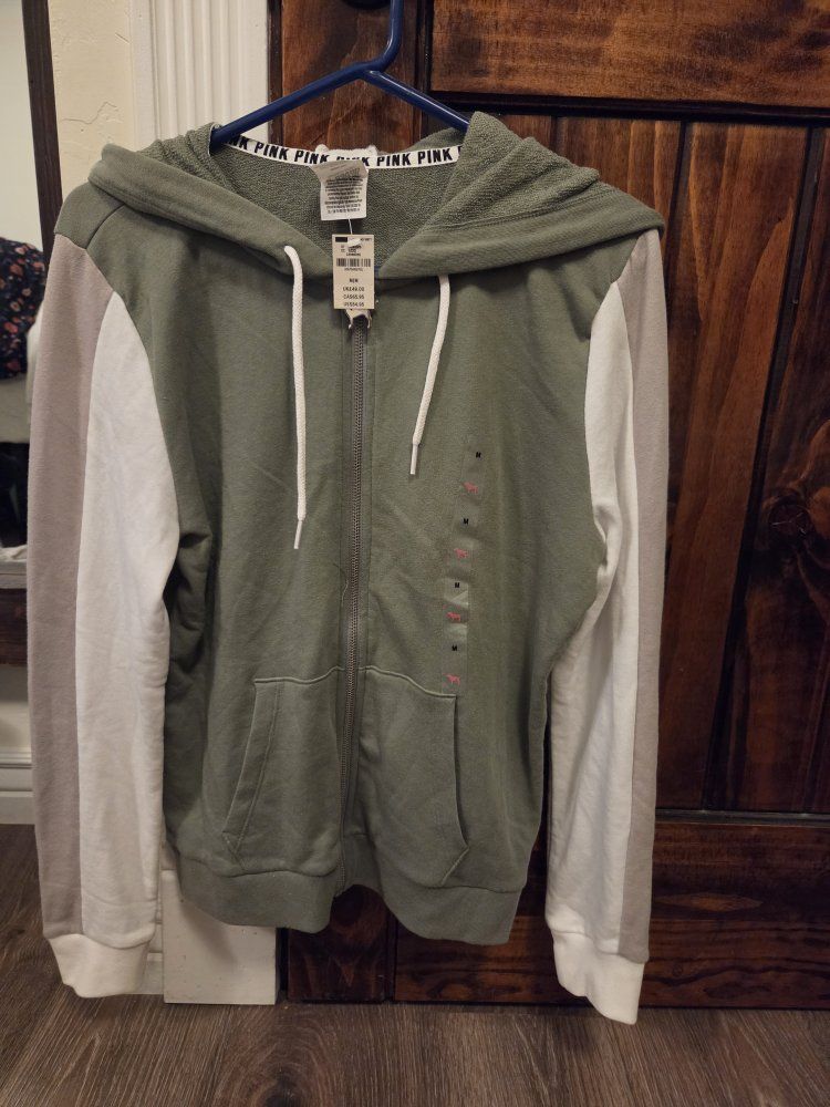 Victoria's Secret PINK Full-Zip Hoodie Green White Gray Dog Logo Size M Cotton Polyester Blend
