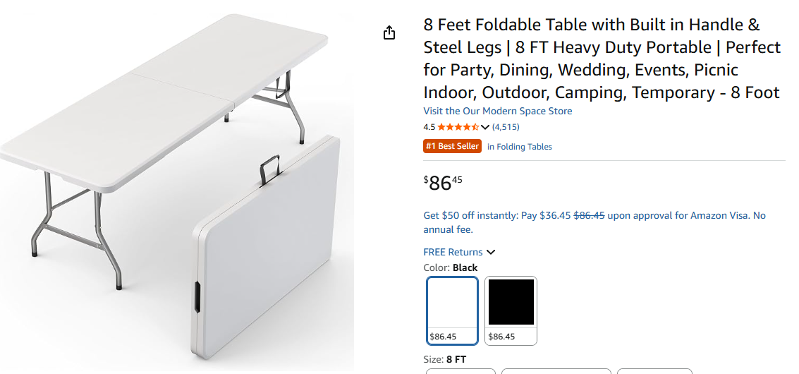 8 Feet Foldable Table with Built in Handle & Steel Legs 