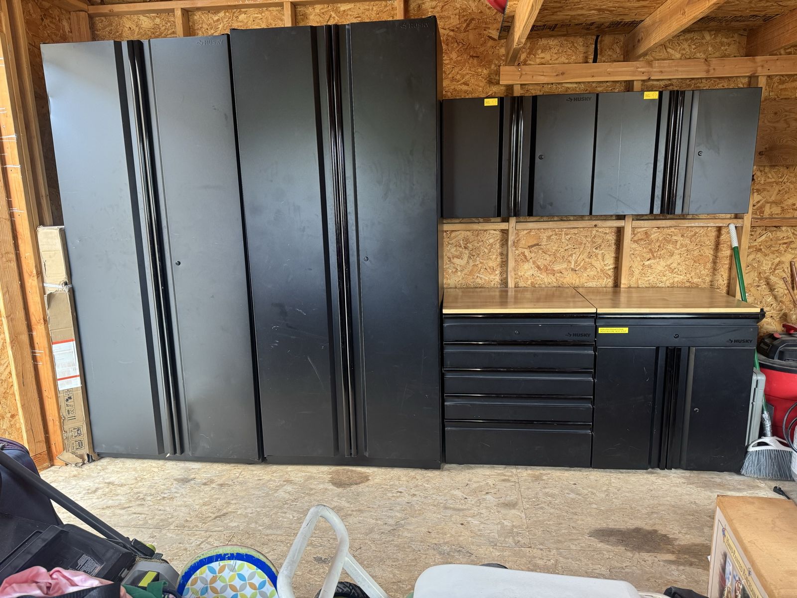Husky Garage Storage System - Black Metal Cabinets, Drawers & Wood Top - Good Condition