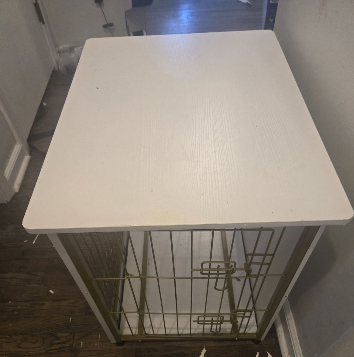 White Furniture-Style Dog Crate End Table with Brass Wire Gate