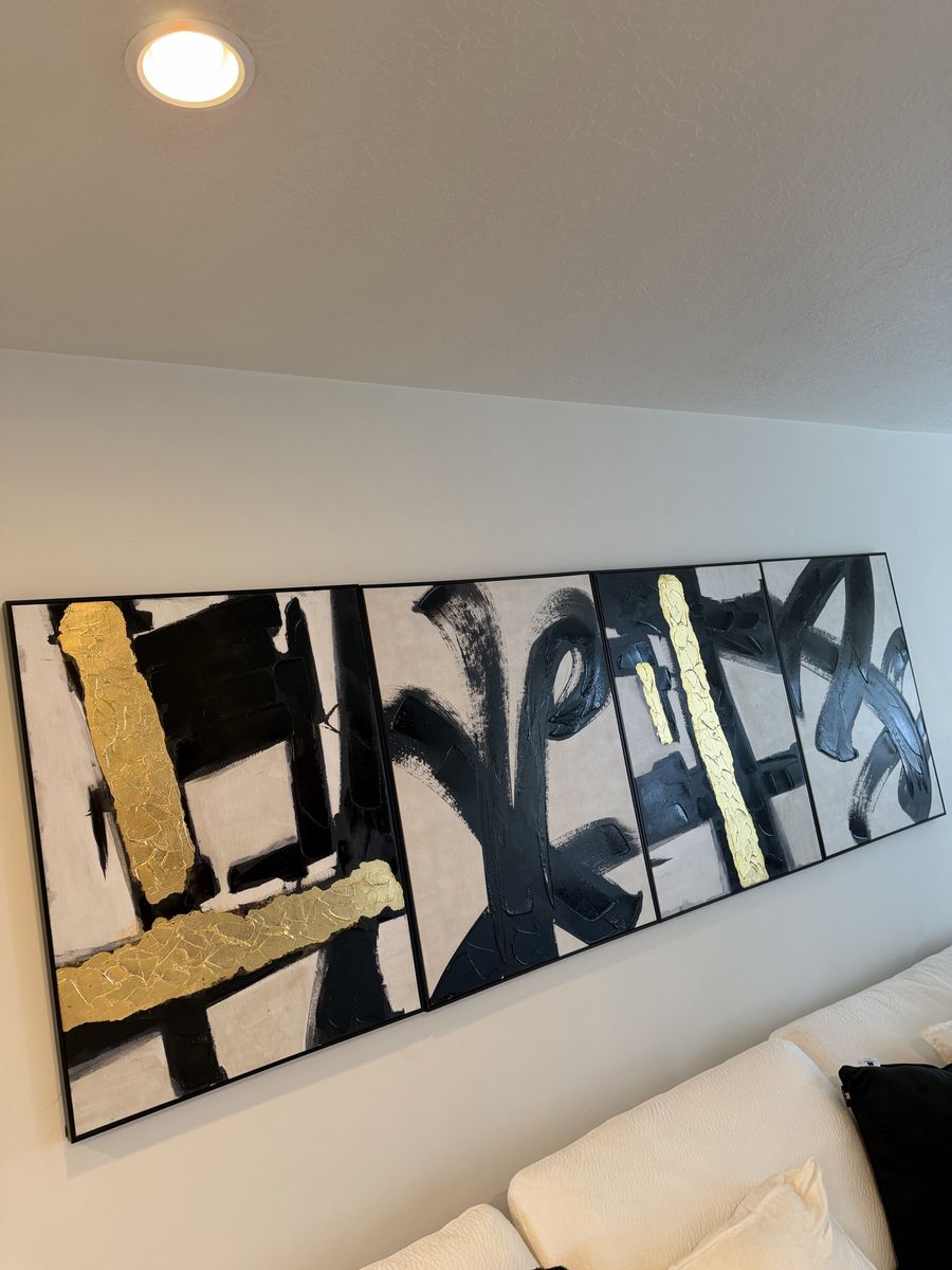 Abstract Gold Leaf Black & White Framed Canvas Wall Art - Modern 5-Panel Decor