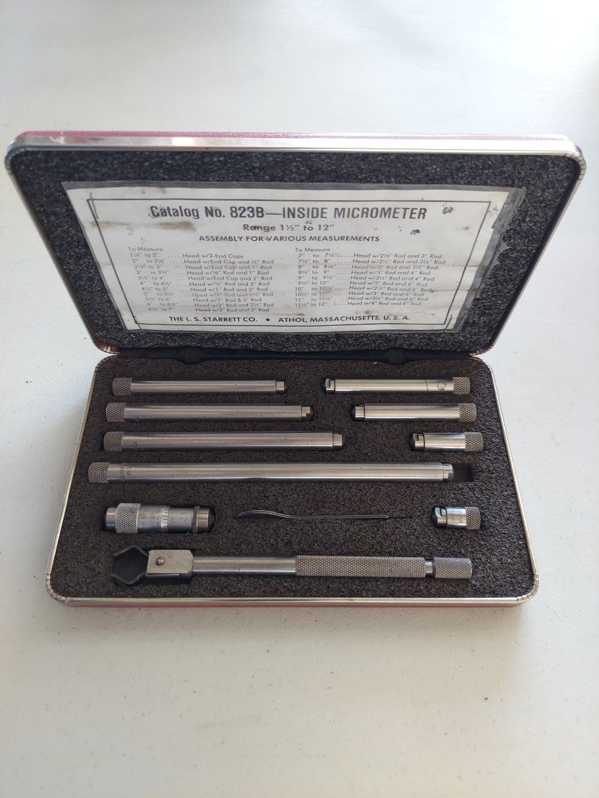 Vintage L.S. Starrett No. 823B Inside Micrometer Set 1.5" - 12" Range with Case