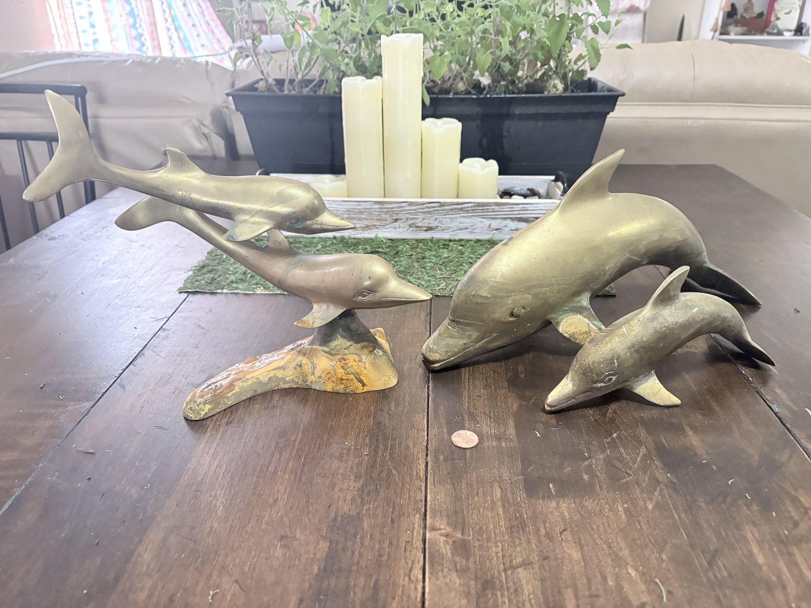 Vintage/Antique Brass Dolphin Sculpture Set Statement Piece