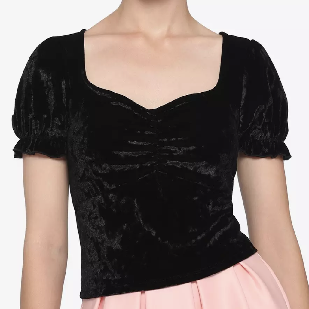 Hot Topic Crushed Black Velvet Puff Sleeve Crop Top - Size Large