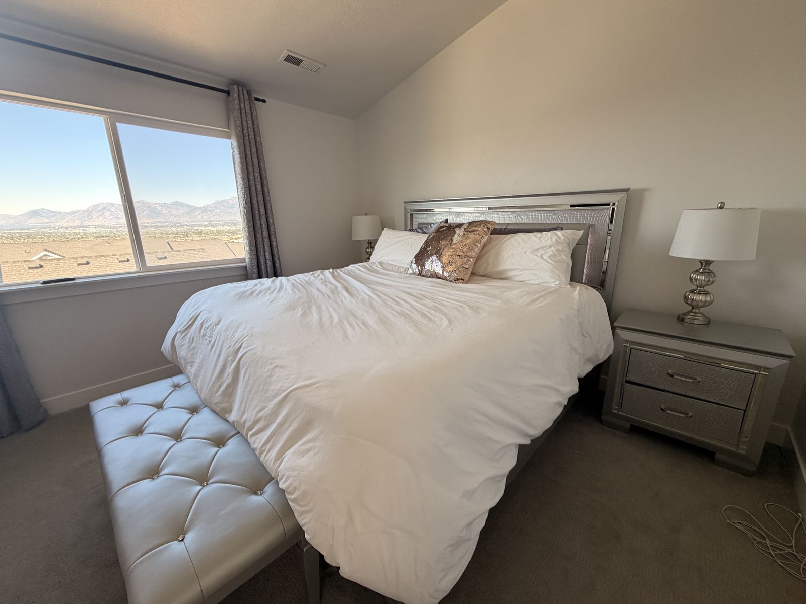 FULL KING BEDSET W/ TWO NIGHTSTANDS, DRESSER, DRAPES, LAMPS AND BENCH