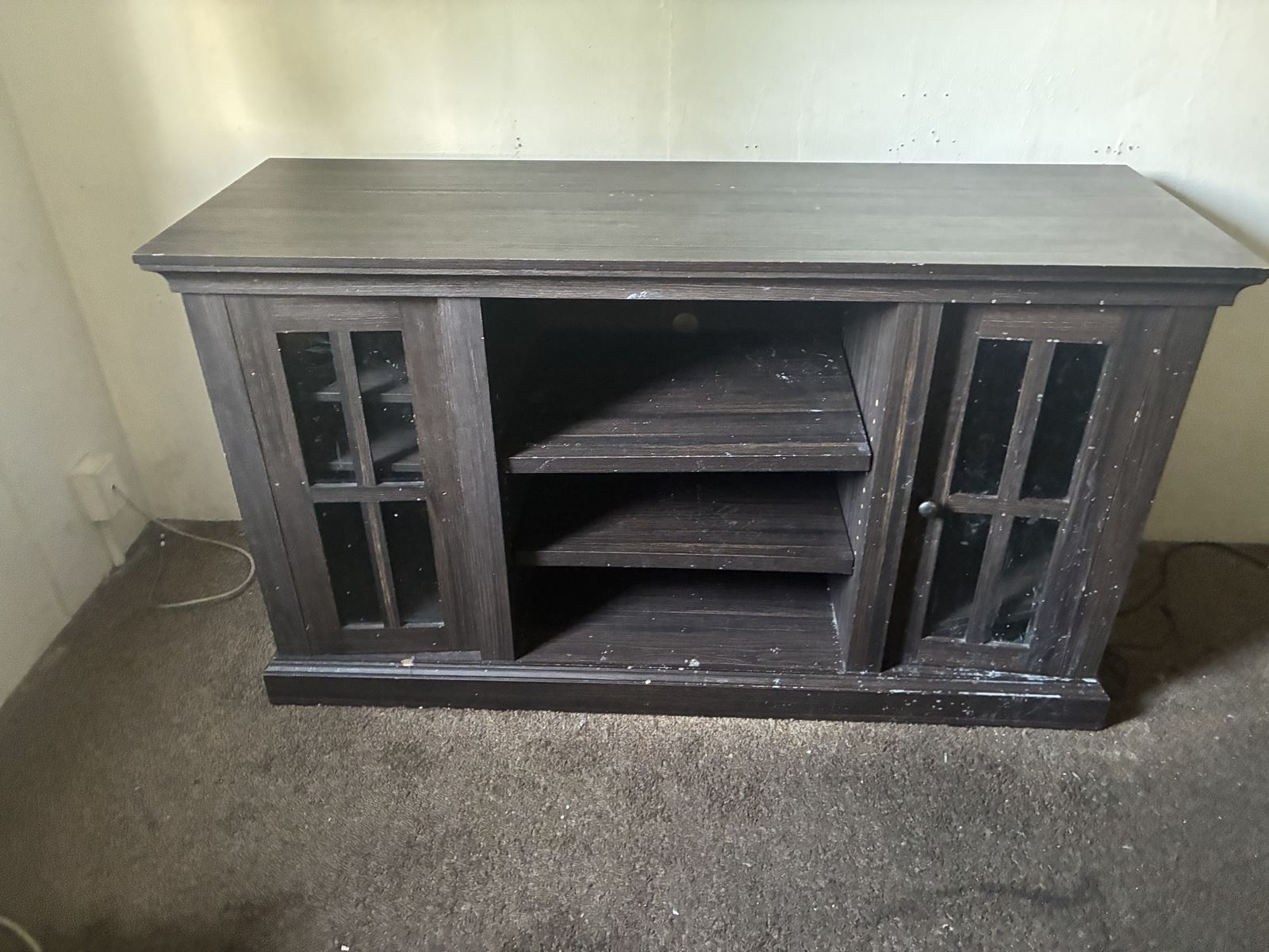 FREE! Dark Wood TV Stand Media Console with Glass Doors and Shelves Used