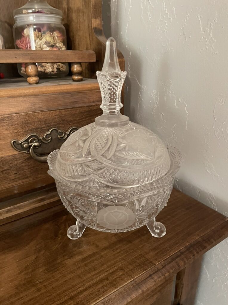 vintage clear cut crystal footed candy dish