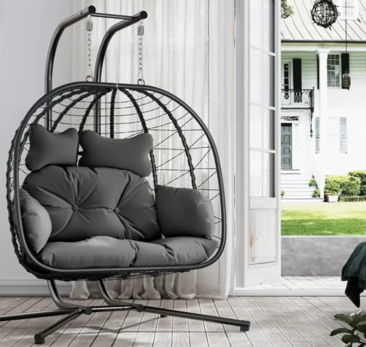 New in Box Double Wicker Swing Egg Chair Hammock Foldable Hanging Loveseat with Stand