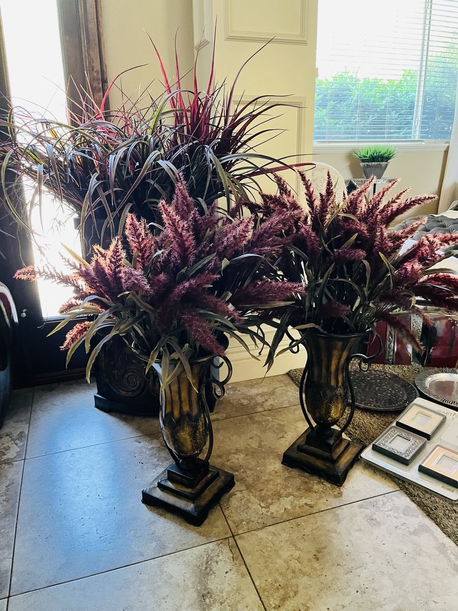 Pair of Large Decorative Vases with Faux Pampas Grass - Gold & Bronze Home Decor