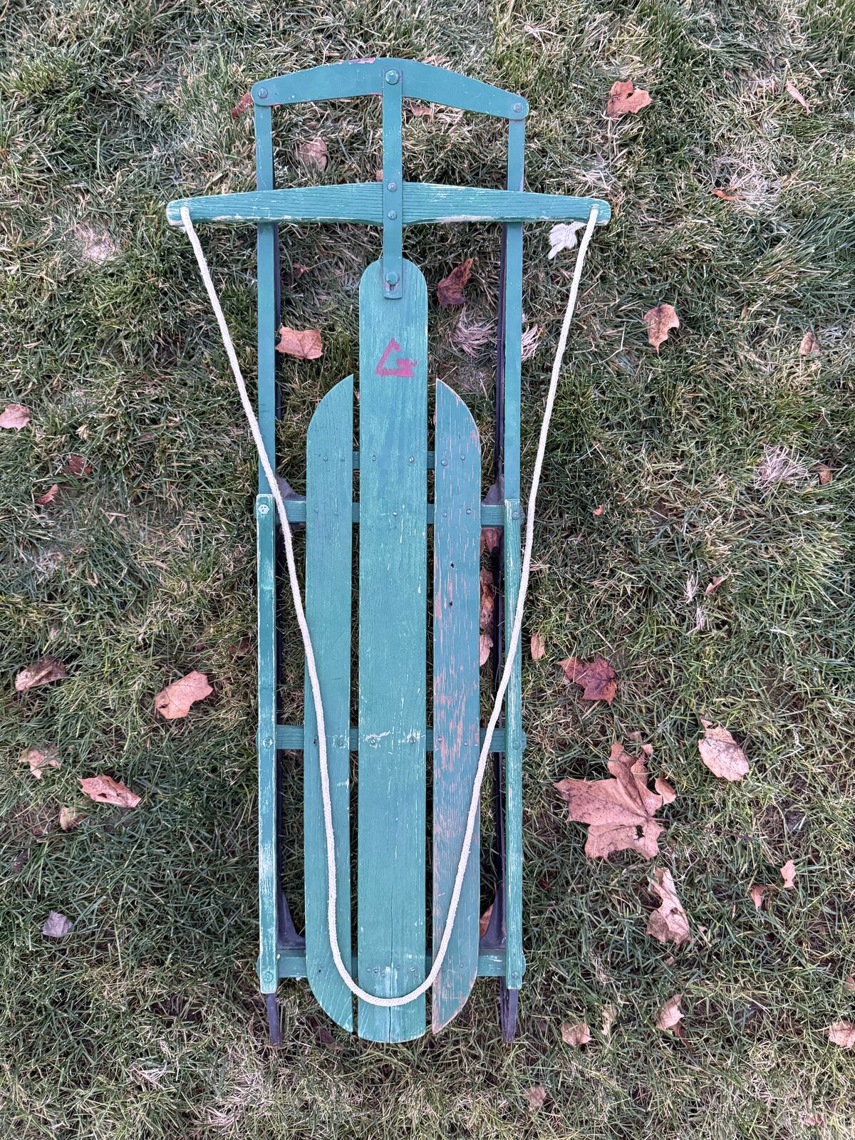 Vintage Green Wooden Snow Sled – Antique Child’s Sled with Metal Runners