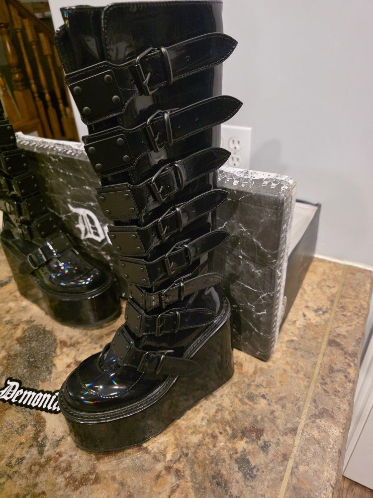 DEMONIA Swing 815 Black Oil Slick hologram Goth Punk Knee Boot