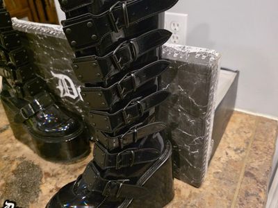DEMONIA Swing 815 Black Oil Slick hologram Goth Punk Knee Boot