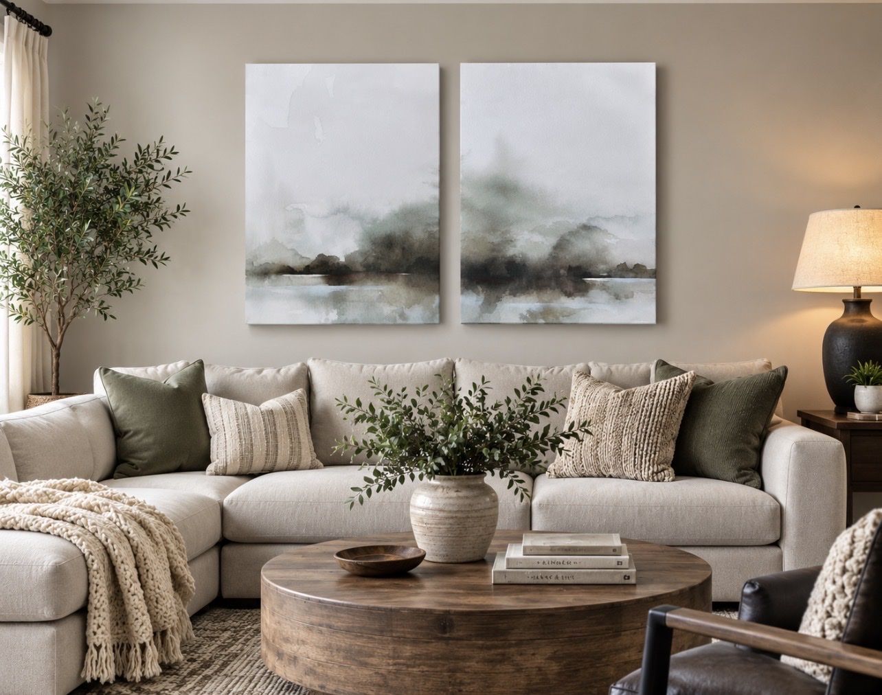 NEW 32"x48" (2) Serene "Misty Horizons" Abstract Landscape Canvas Diptych