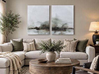 NEW 32"x48" (2) Serene "Misty Horizons" Abstract Landscape Canvas Diptych