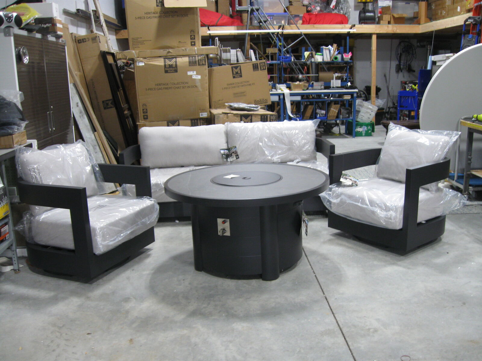 Brand New Member's Mark Palmero Fire Seating Sofa 2 Swivel Chairs Fire Coffee Table Outdoor 4pc