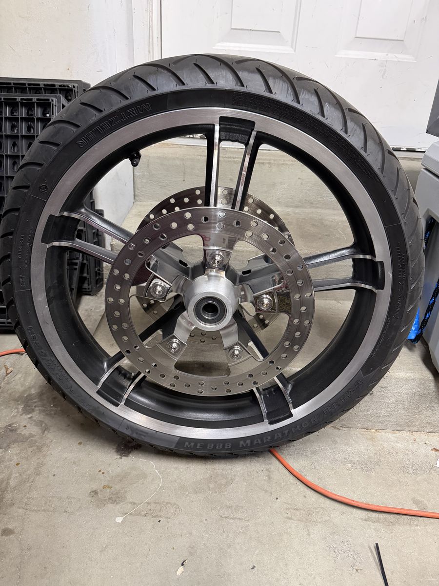 21” Enforcer Motorcycle wheel and tire combo ready for install